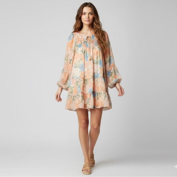 Olivaceous Floral Boho Coastal Smocked Mini Dress -Peach & Blue - Size Small EUC - Picture 1 of 12